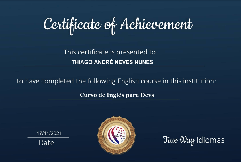 True Way Idiomas Certificate, English for Developers.