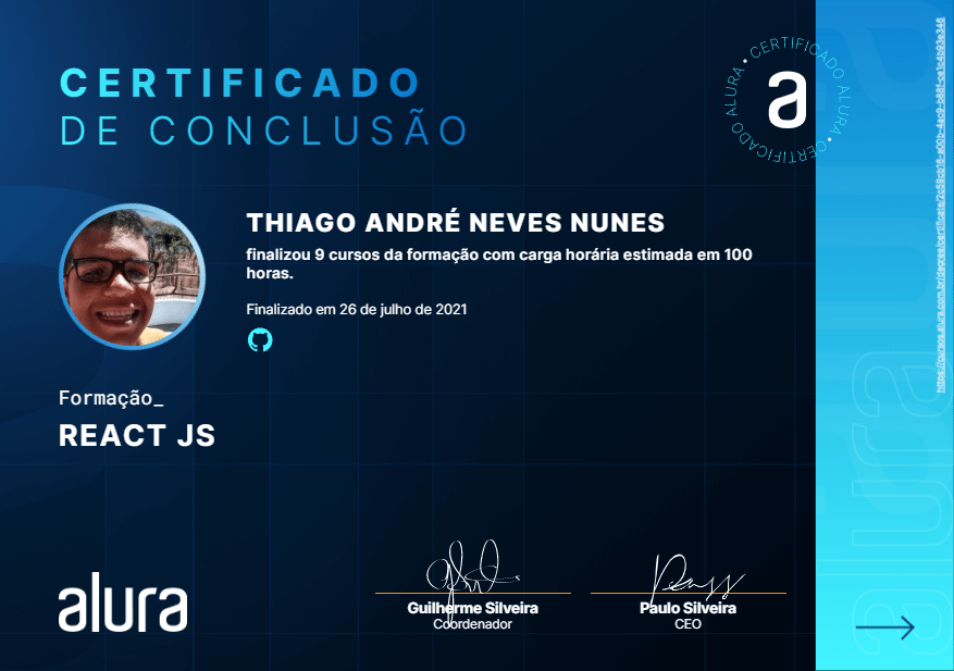 Alura Certificate, React Developer.