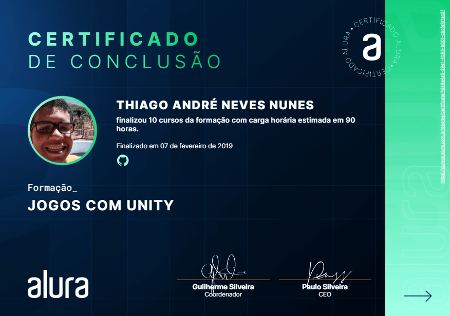 Alura Certificate, Games with Unity.